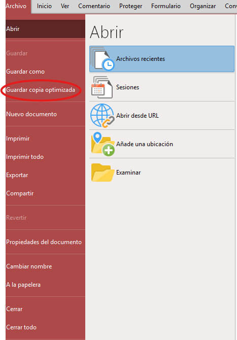 Opción de guardar copia optimizada en Foxit